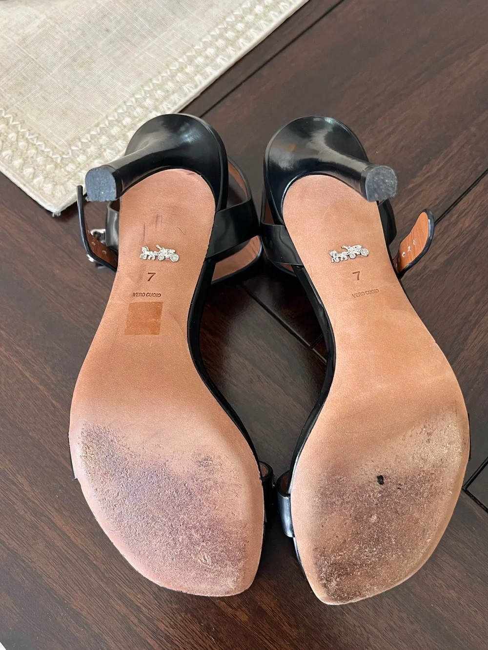 Coach Bonnie Black Leather Signature Chain Stiletto Sandals Size 7